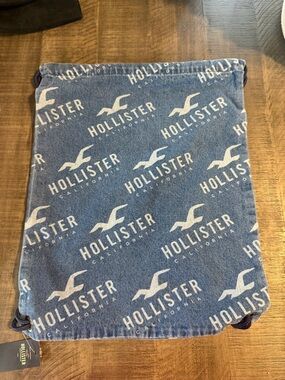 Hollister Denim Drawstring Backpack Blue Logo Print Y2K Cinch Bag NWT